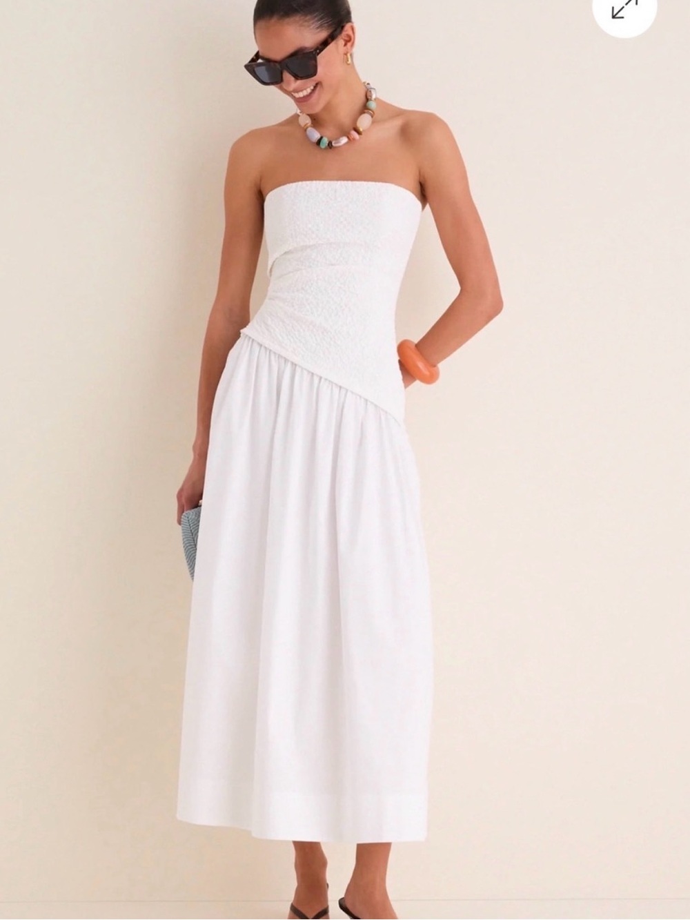 STAUD White Strapless Smocked Midi Dress